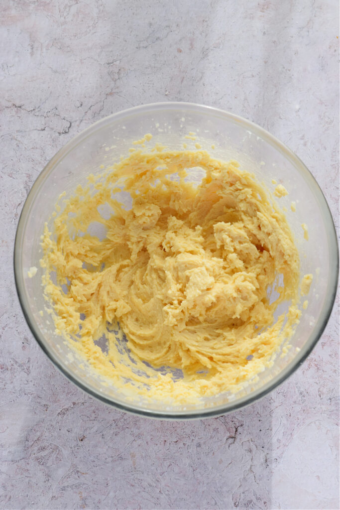 Cookie dough in a glass bowl.