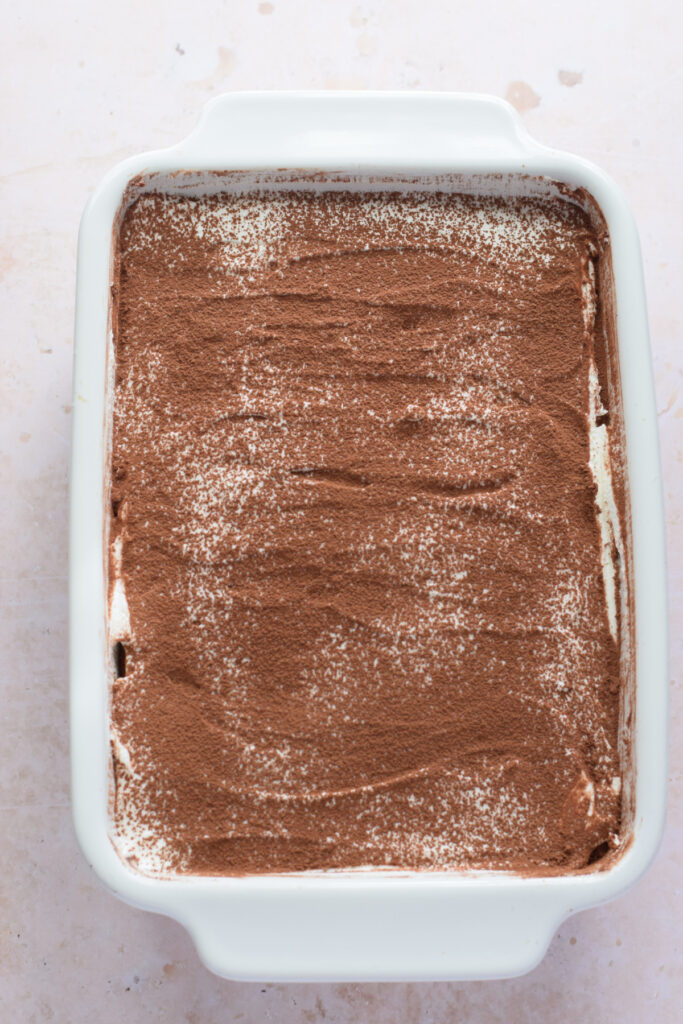 Tiramisu in a baking dish.