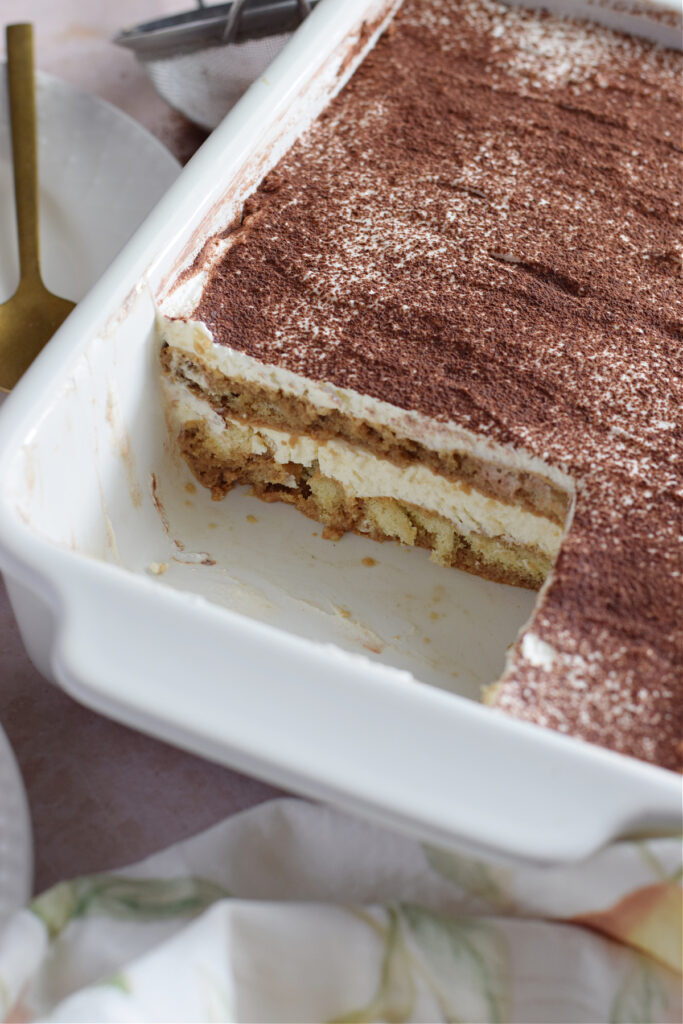 Easy tiramisu recipe in a white dish.