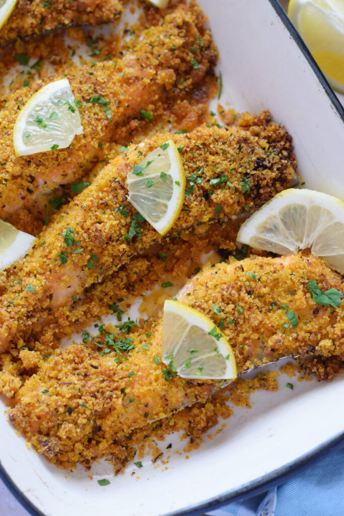 Close up of panko crusted salmon.