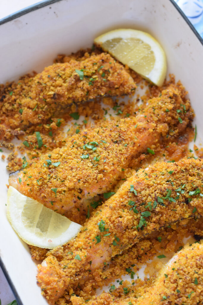 Close up of panko crusted salmon.