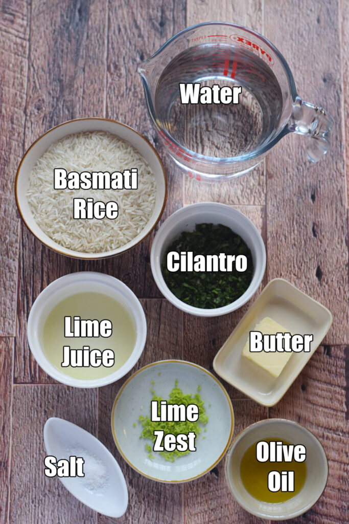 Ingredients to make lime and cilantro basmati rice.