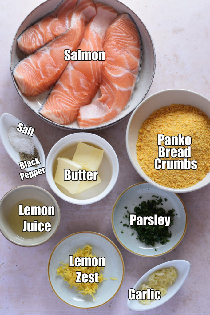 Ingredients to make panko crusted salmon.