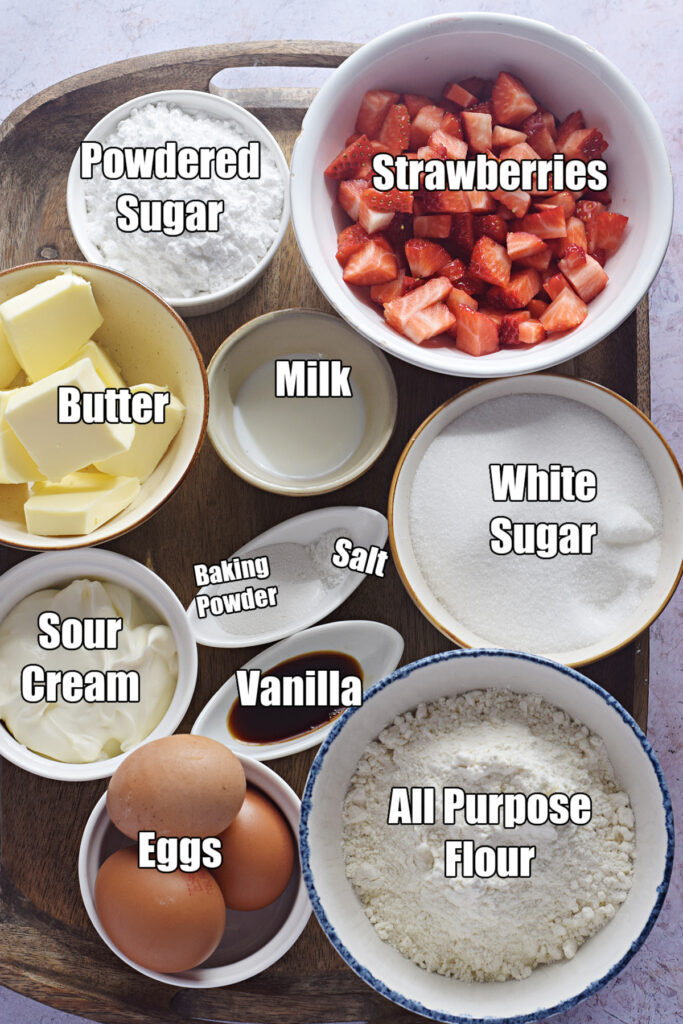 Ingredients to make strawberry loaf cake.