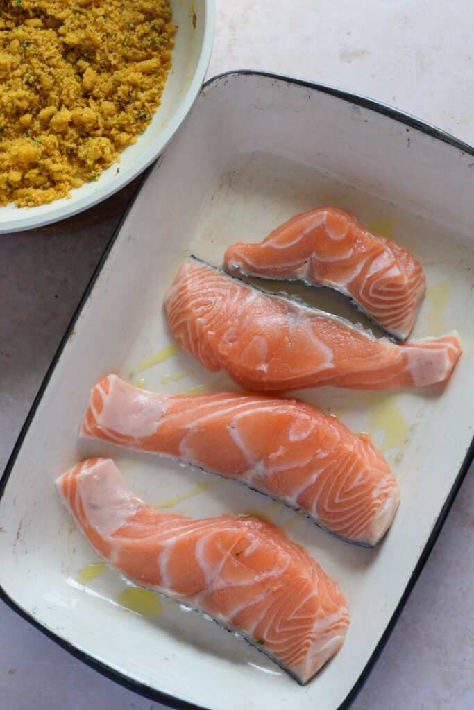 Salmon in a serving dish.