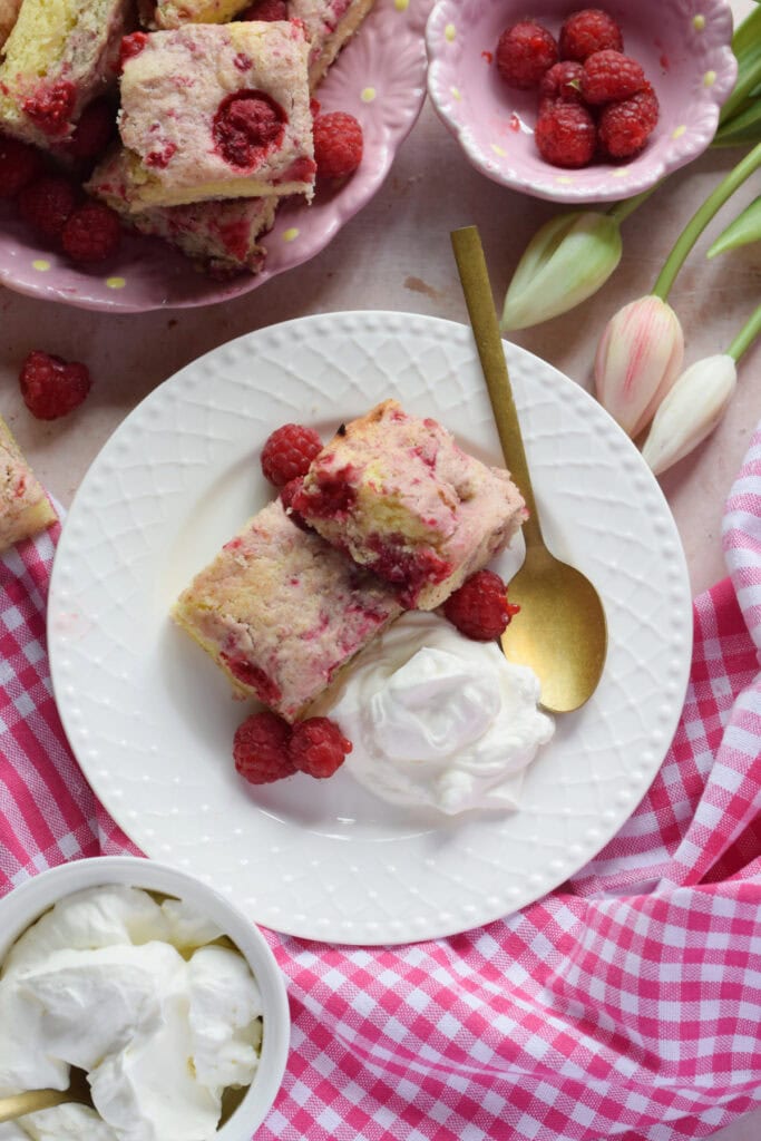 Raspberry cake squares with whipped cream.