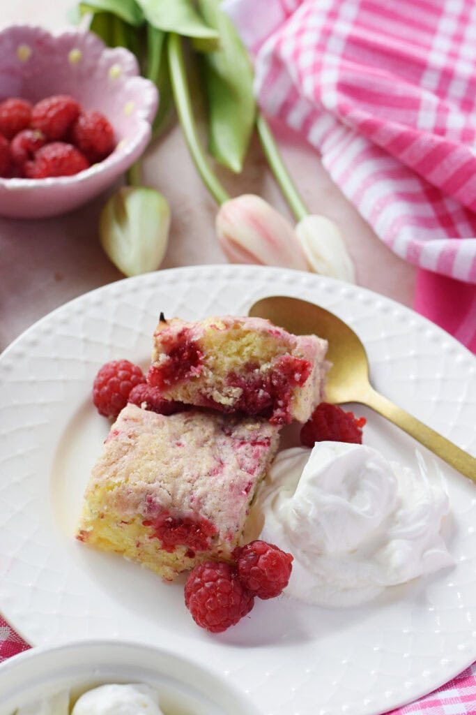 Close up of raspberry cake with whipped cream on a plate.