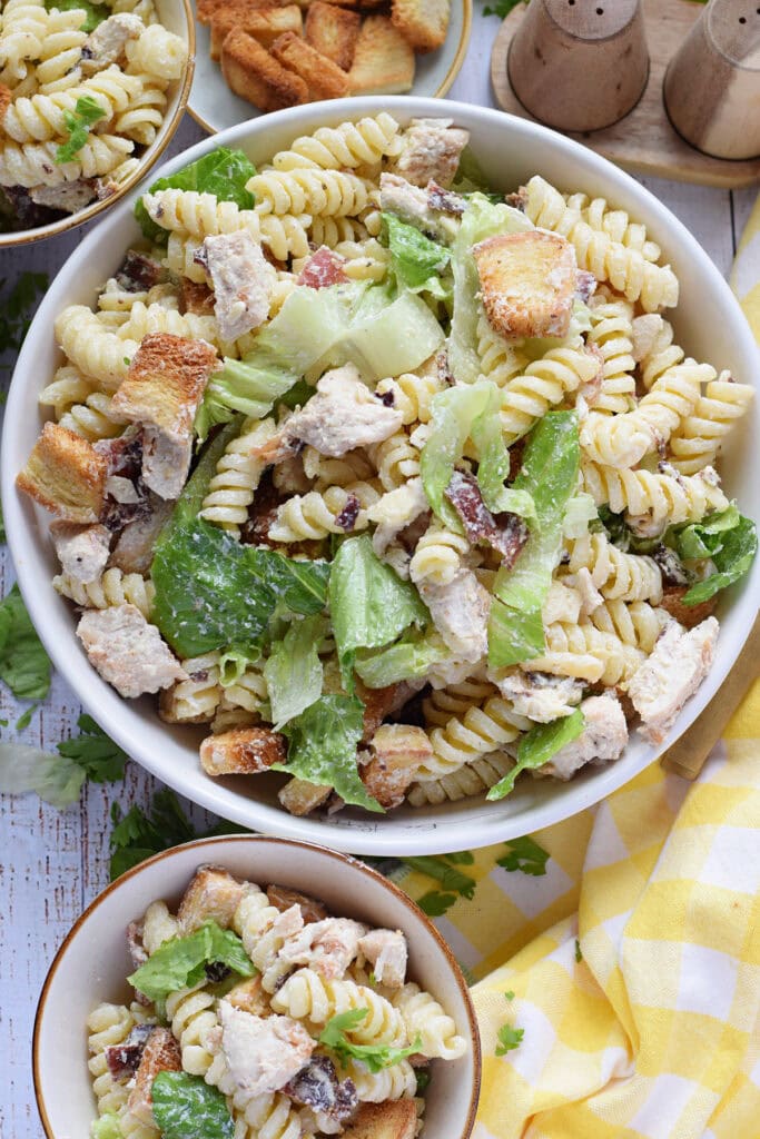 Chicken pasta salad in a bowl.