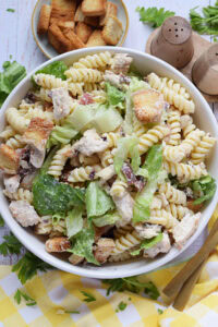 Chicken pasta salad in a bowl.