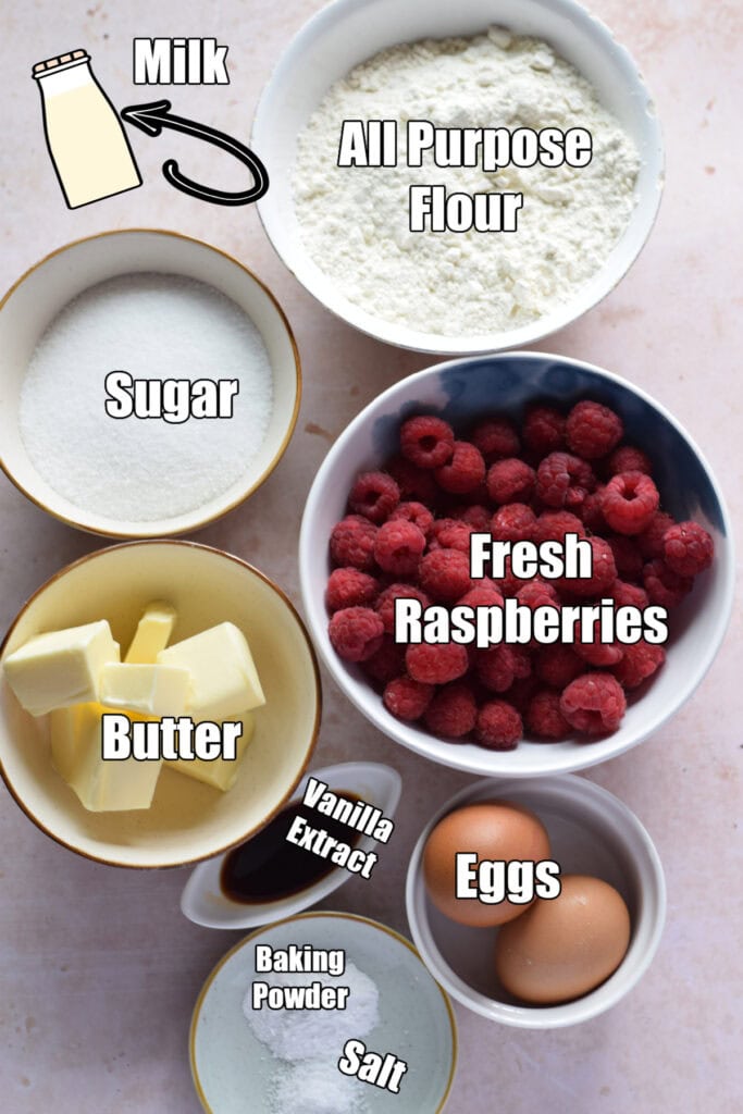 Ingredients to make raspberry cake squares.