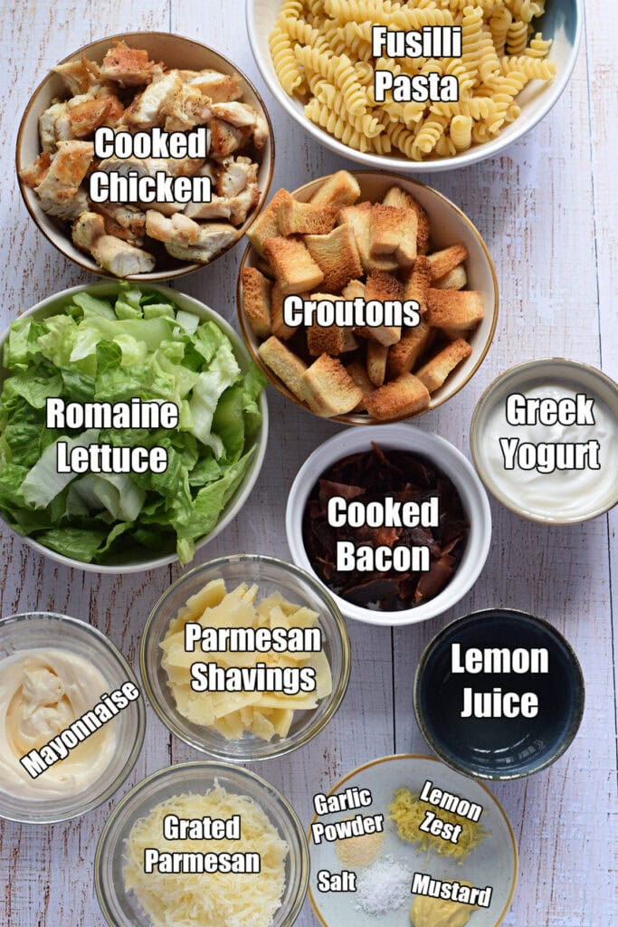 Ingredients to make Chicken caesar pasta salad.