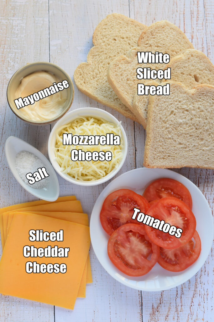 Ingredients to make tomato grilled cheese sandwich.