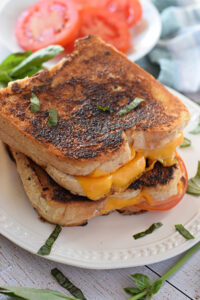 Close up of a grilled cheese sandwich on a white plate.