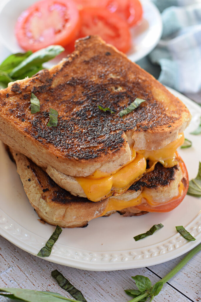 Close up of a grilled cheese sandwich on a white plate.