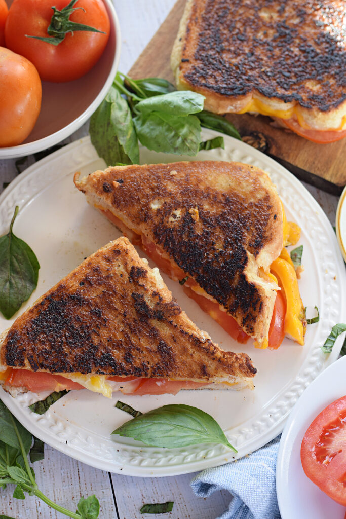 Grilled cheese sandwich on a white plate.