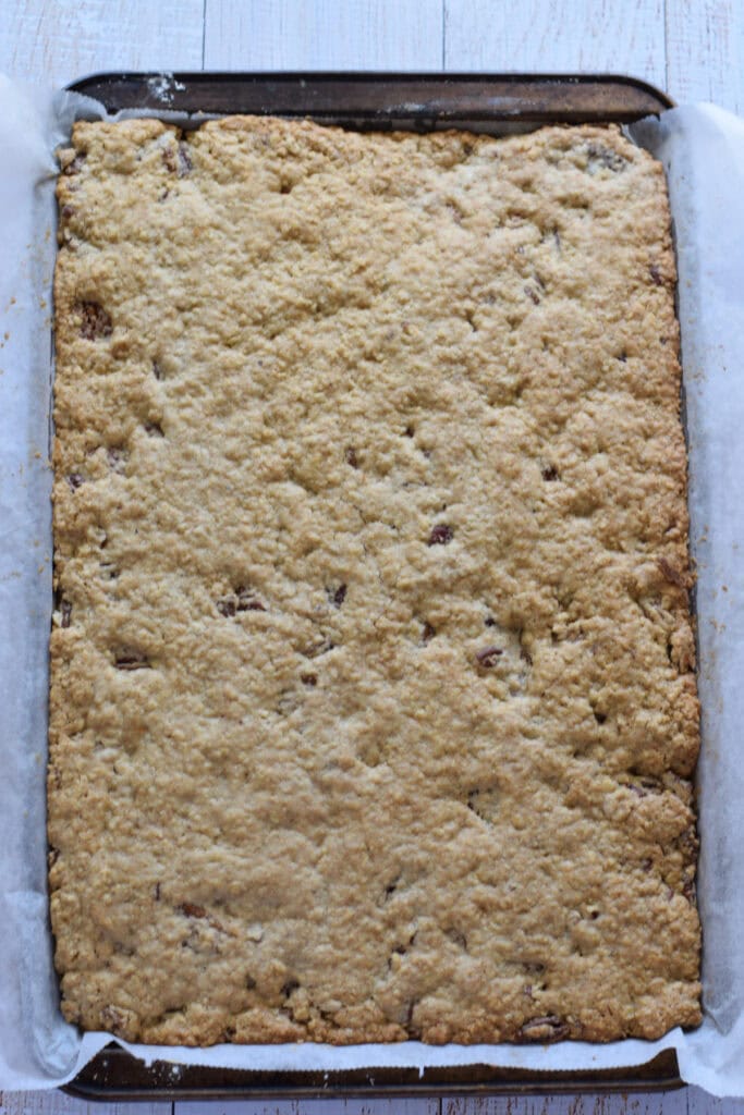 Cookie bars in a baking sheet.