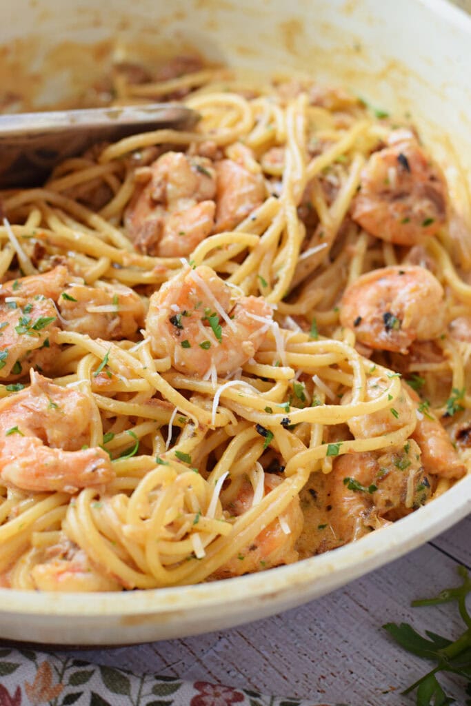 Close up of spaghetti with shrimp.