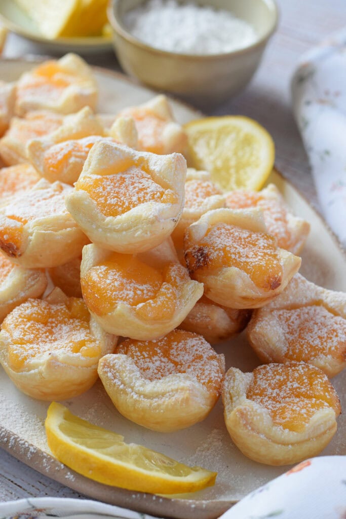 Close up of lemon puff pastry bites.