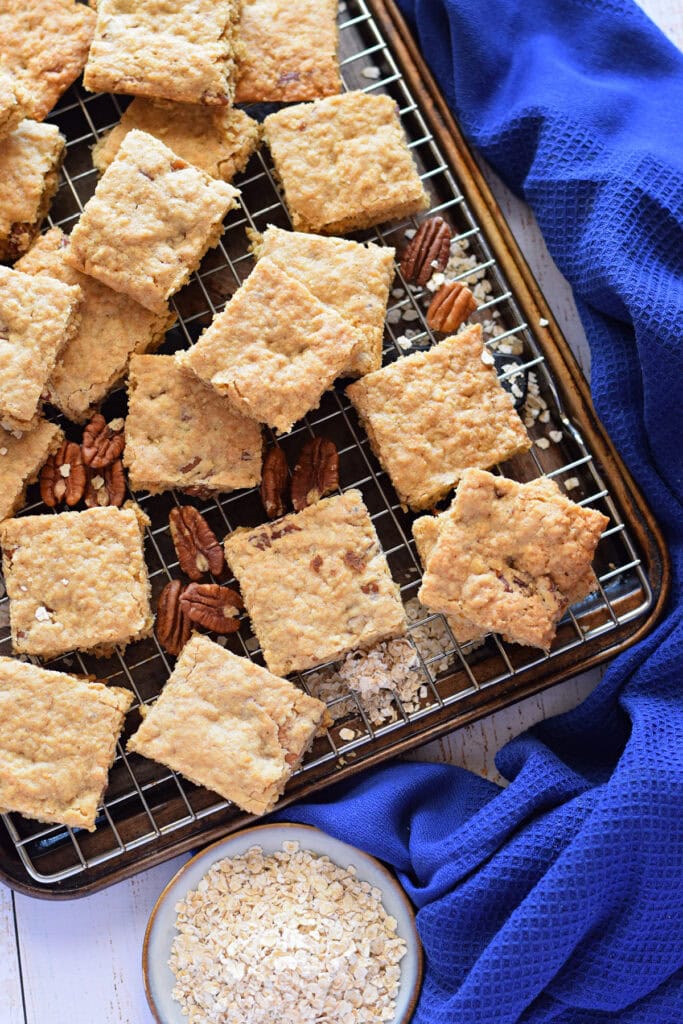 Oatmeal bars on a cookie sheet.