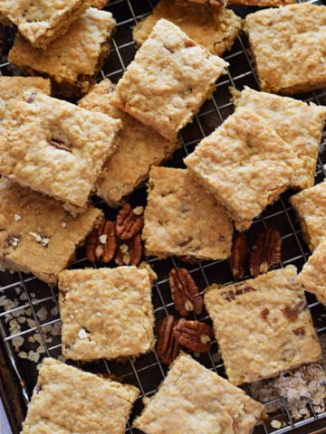 Cookie bars on a sheet.