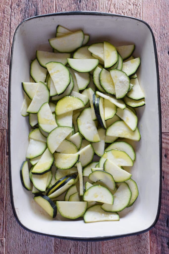 Zucchini in a baking dish.