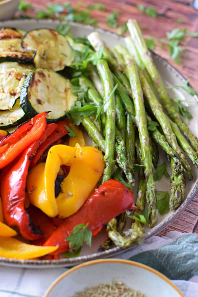Close up of grilled asparagus and peppers.
