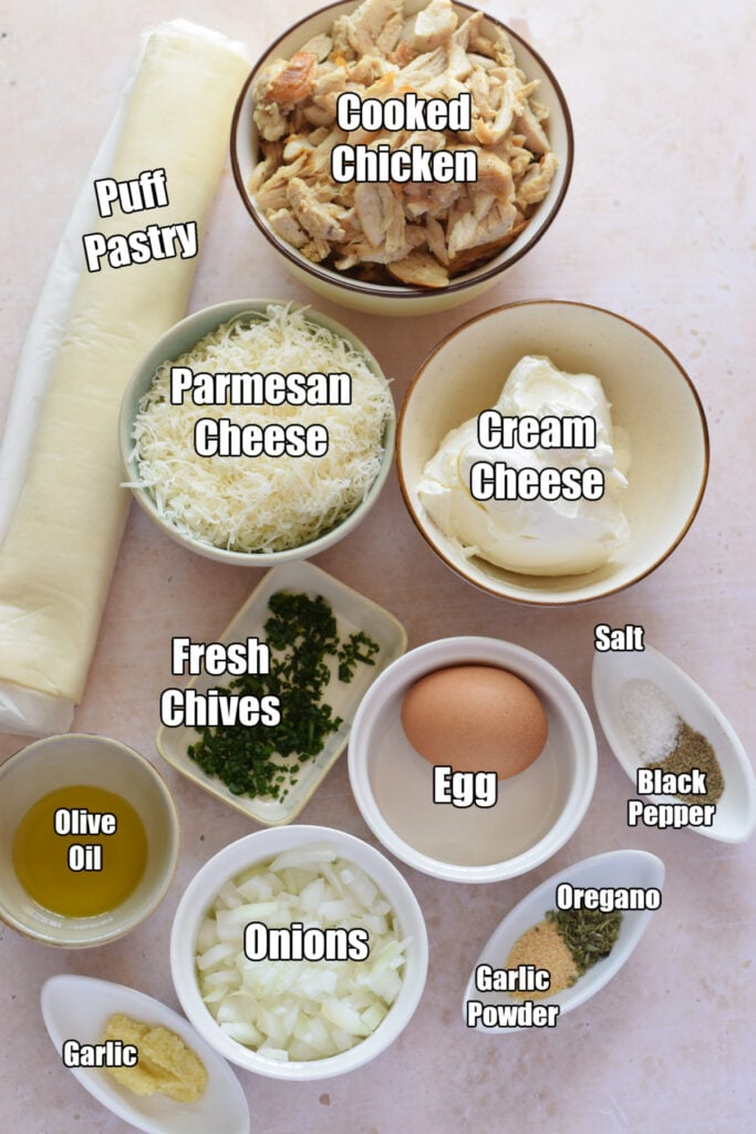 Ingredients to make chicken puff pastry bites.