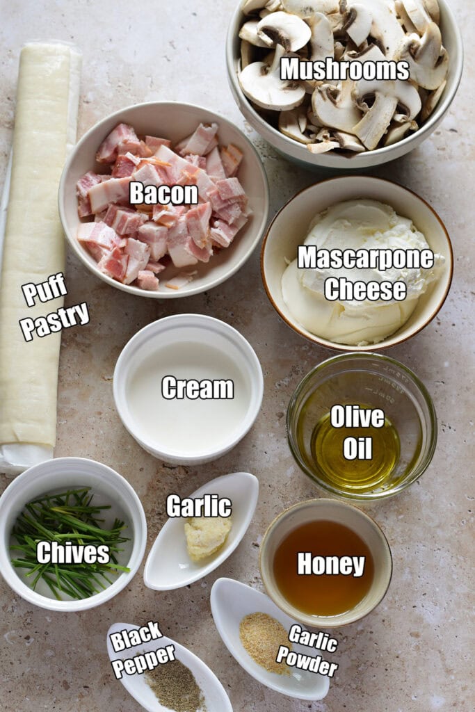 Ingredients to make mushroom puff pastry tarts.