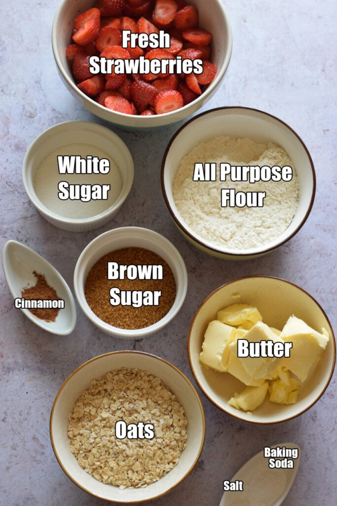 Ingredients to make strawberry crumble bars.