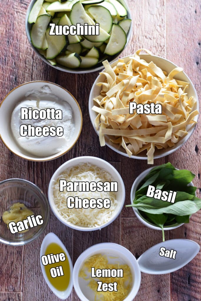 Ingredients to make zucchini ricotta pasta.