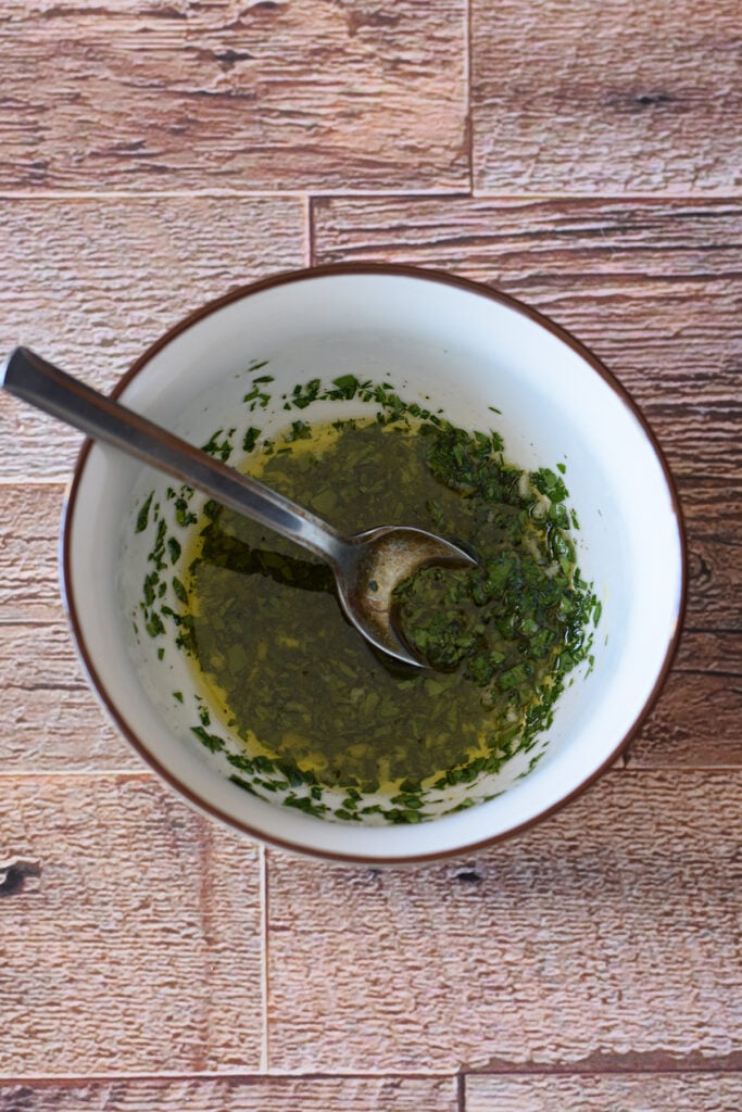 Vinaigrette in a small white bowl.