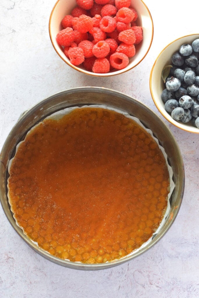 Brown sugar topping in a cake pan.