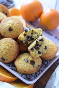 Close up of orange chocolate chip muffins.