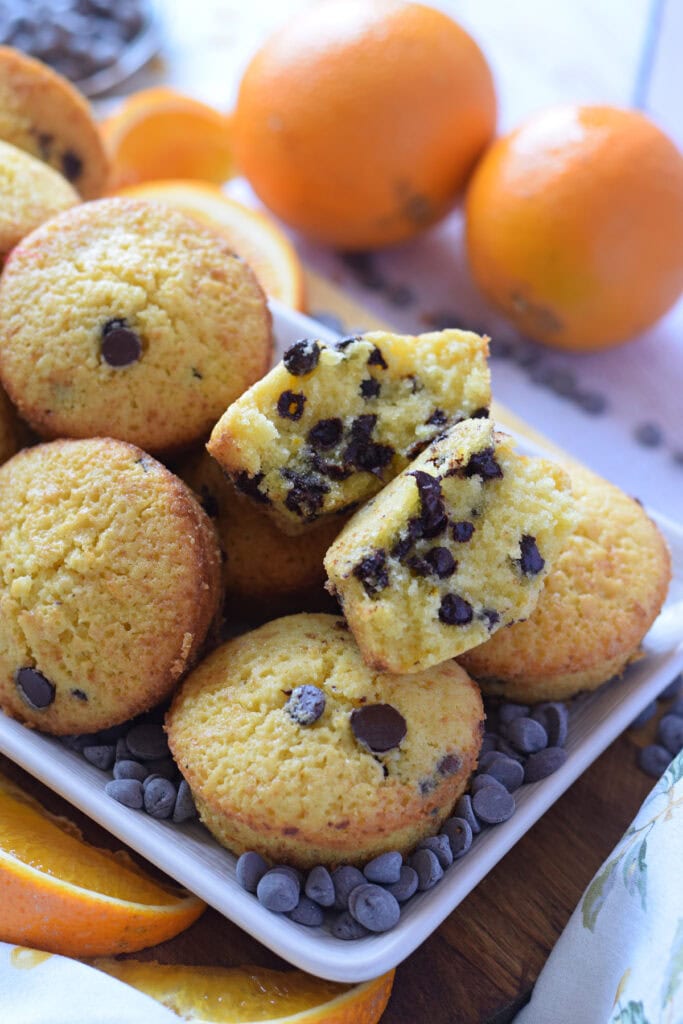 Close up of orange chocolate chip muffins.