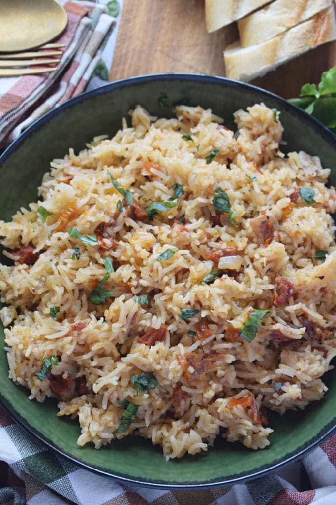 Close up of a sun dried tomato rice pilaf.