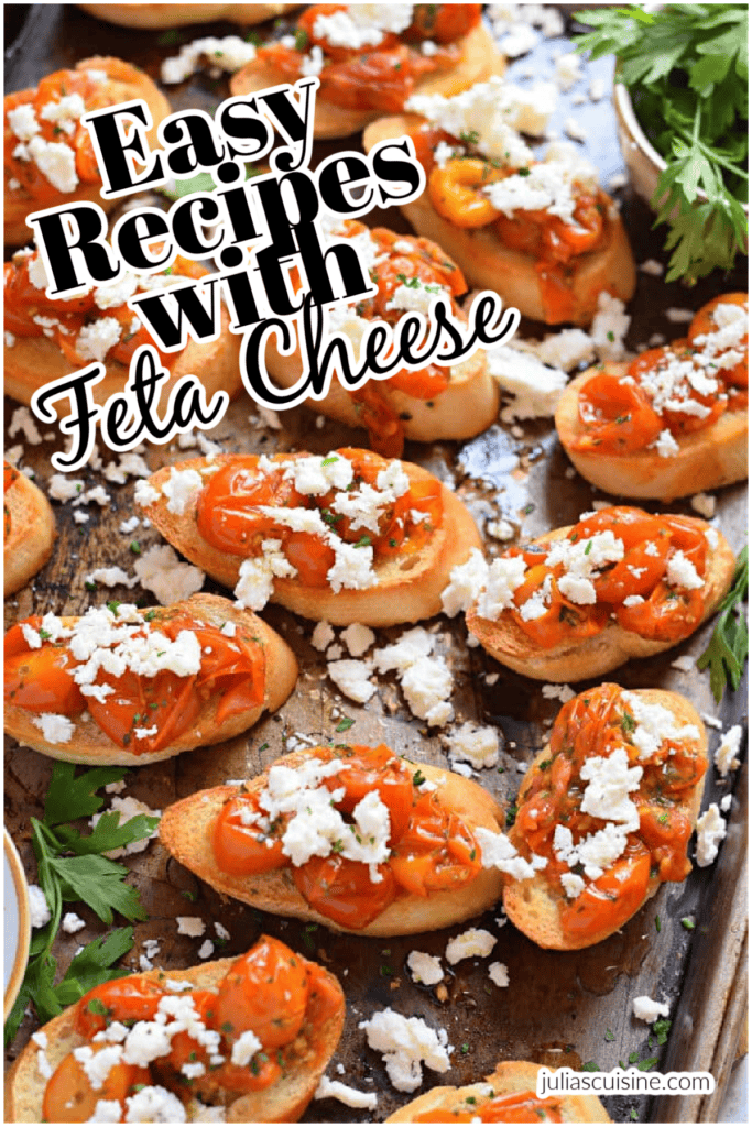 Easy feta and tomato bruschetta on a baking tray.