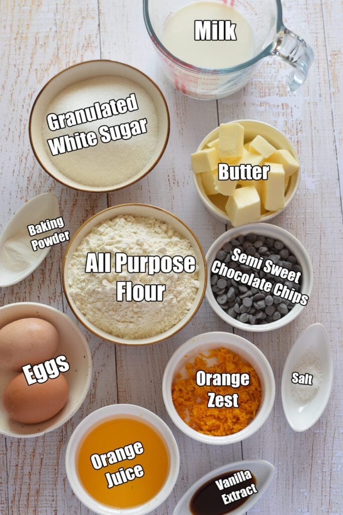 Ingredients to make orange chocolate chip muffins.