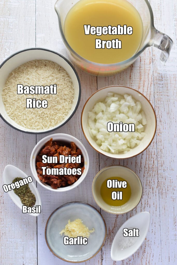Ingredients to make sun dried tomato pilaf.
