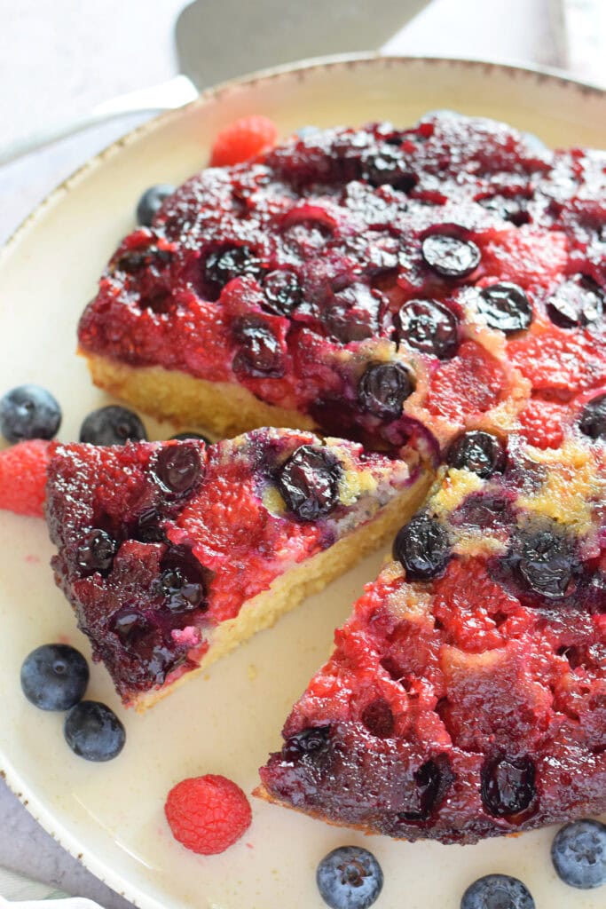 Close up of an upside down berry cake.