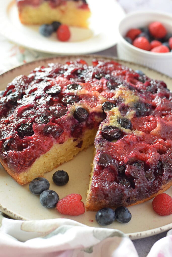 Close up of berry upside down cake.