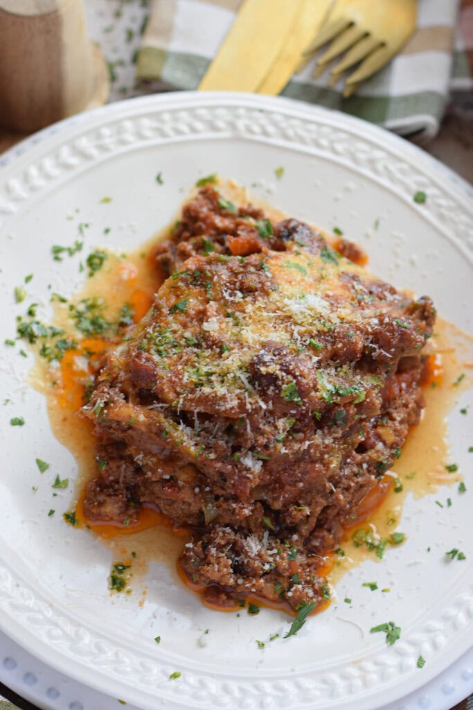 Close up of a ground beef casserole on a plate.