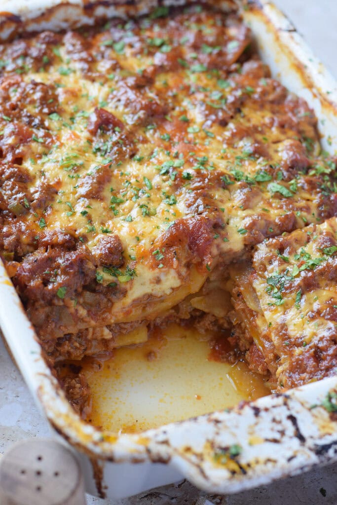 Close up of potato and beef casserole.