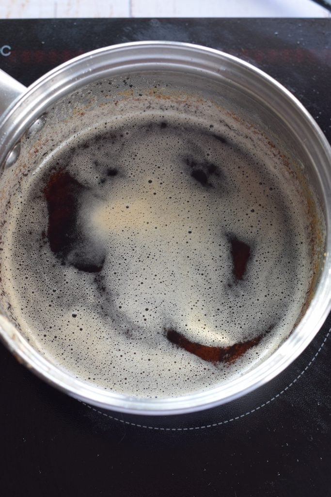 Browned butter in a saucepan.