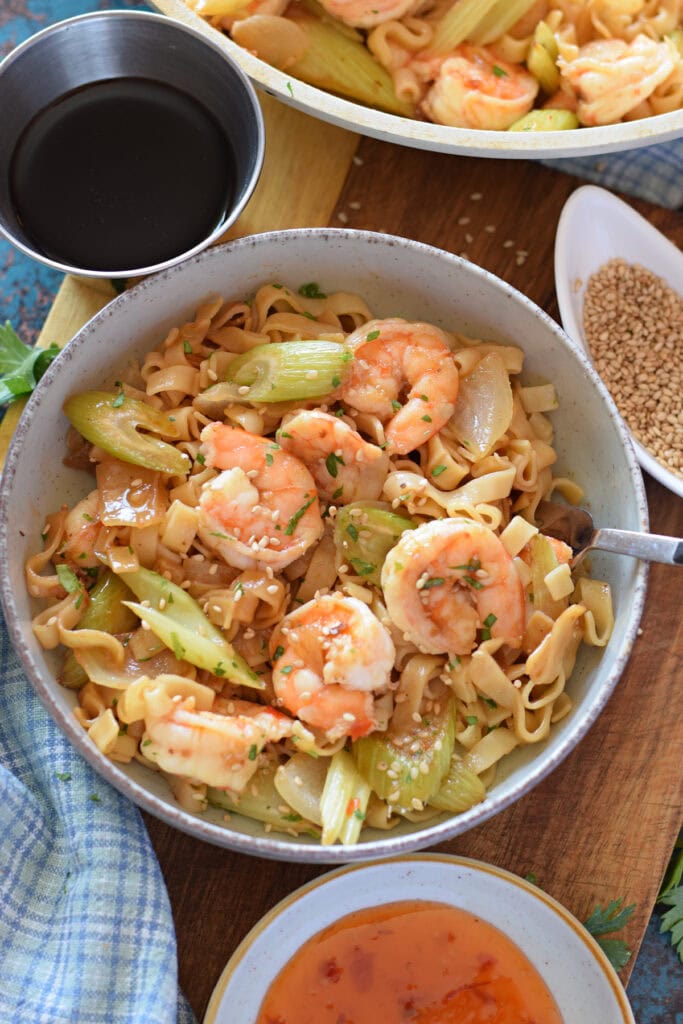 Close up of a shrimp and noodle stir fry.