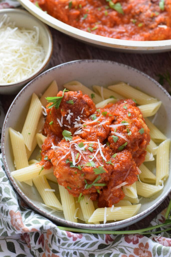 Chicken meatballs with pasta.