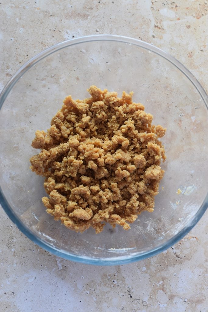 Crumb topping in a glass bowl.
