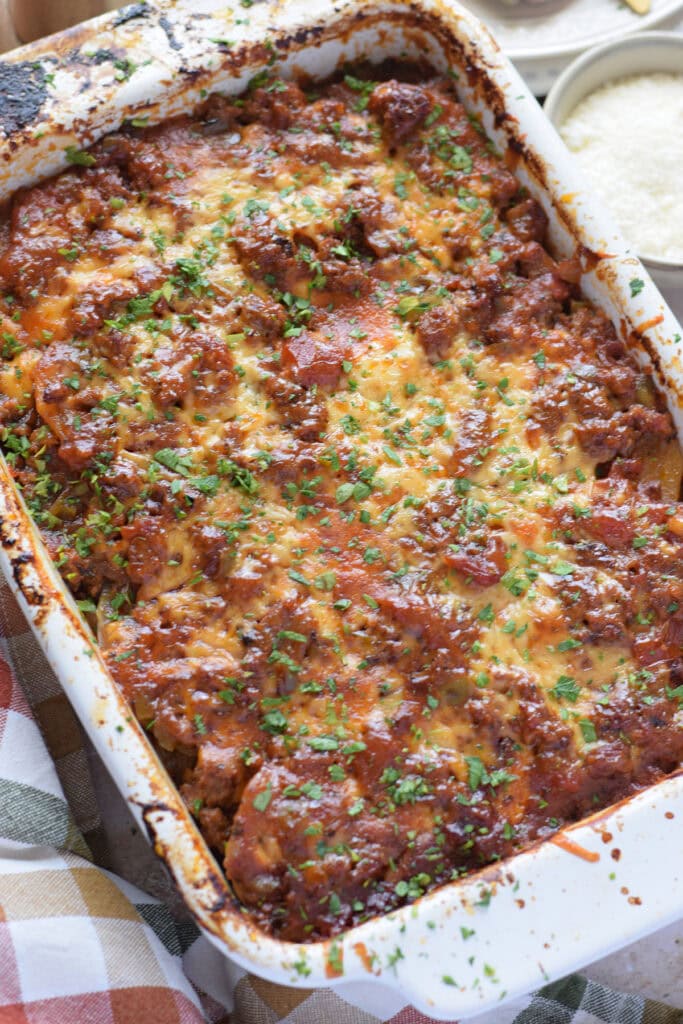 Close up of a ground beef and potato casserole.