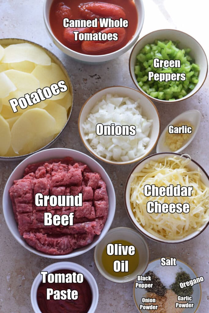 Ingredients to make beef and potato casserole.
