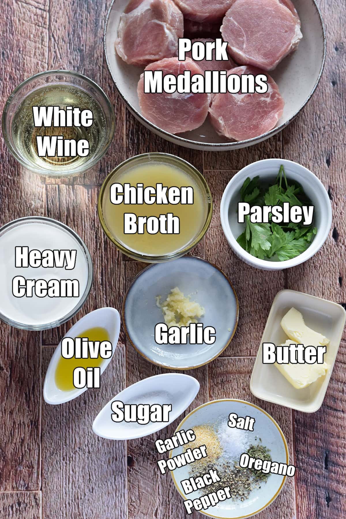 Ingredients to Make Pork Medallions in a Cream Sauce.