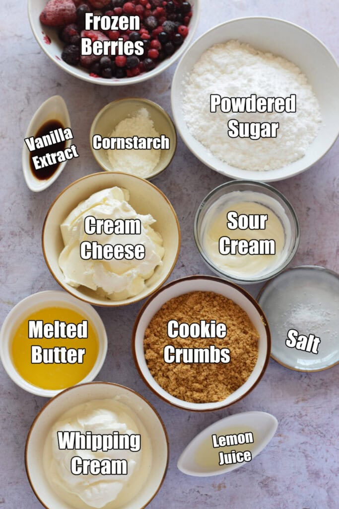 Ingredients to make berry cheesecake bars.